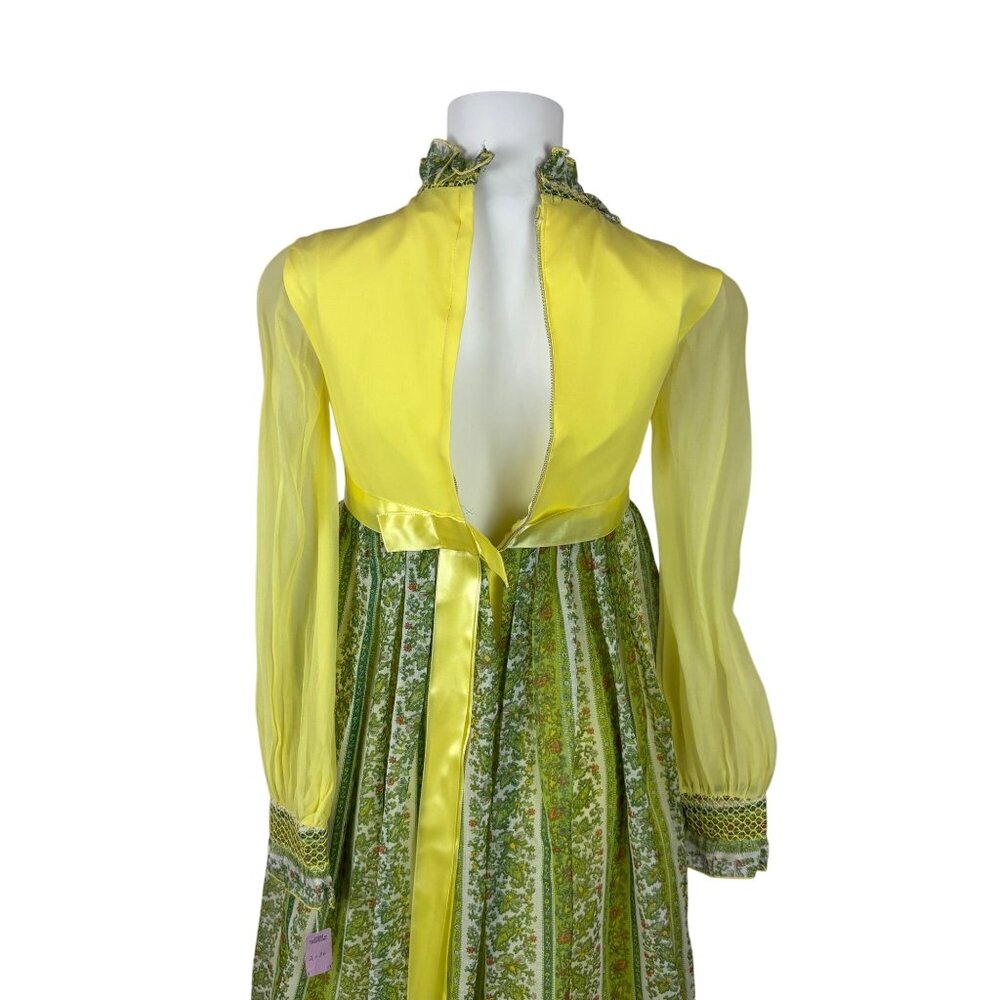 Vintage 70s Maxi Dress Juniors Sheer Yellow Chiffon Sleeves Printed Skirt Bow - Picture 10 of 13